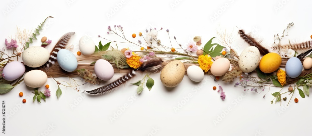 Poster Easter-themed border featuring a variety of eggs and feathers arranged on a white backdrop, creating a whimsical display with a copy space image.
