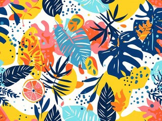 Playful tropical pattern featuring colourful leaves and citrus fruits, with a vibrant mix of blue, orange, yellow, and green on a white background.