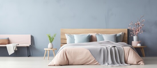 In a fashionable bedroom, a king size bed displays stylish pastel pink, beige, and blue bedding against an empty grey wall, with copy space image.