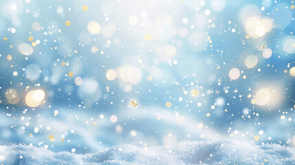 Fototapeta premium A beautiful winter scene with a soft, blue background and a layer of white snow in the foreground. The image is blurred, creating a dreamy atmosphere with bokeh lights in the background