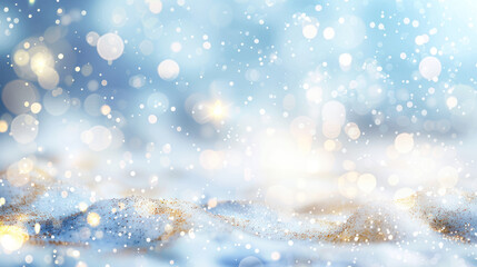 Naklejka premium A blurred abstract winter background featuring a sparkling white and gold glitter surface with bokeh lights and a blue sky backdrop