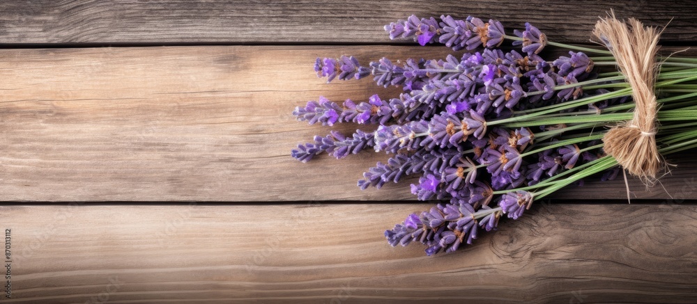 Aufkleber A bouquet of lavender displayed on a rustic wooden surface with space for adding images. with copy space image. Place for adding text or design