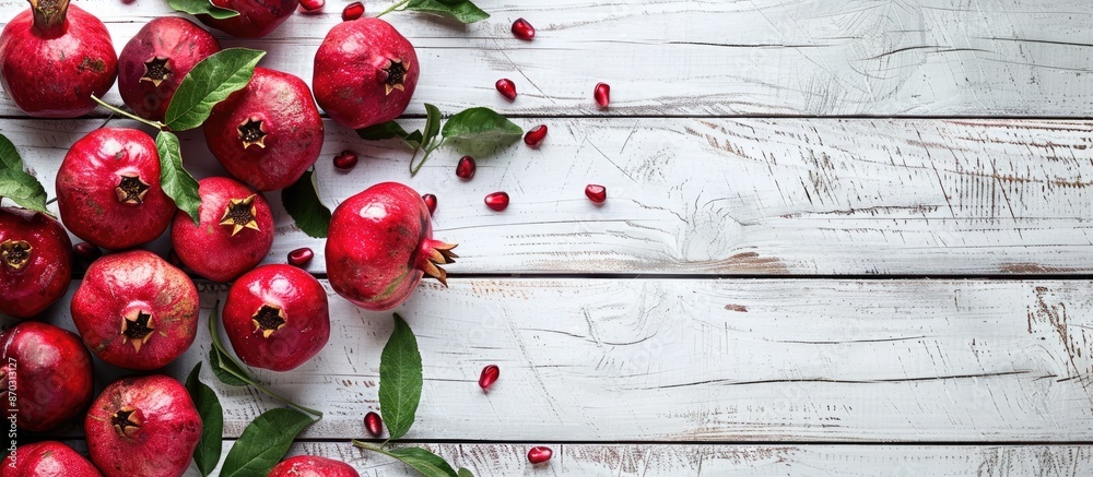 Poster white wooden table with pomegranates creating a beautiful copy space image.