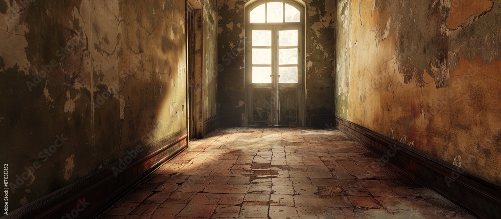Aufkleber Empty corridor with a terracotta floor and a window, devoid of occupants. with copy space image. Place for adding text or design