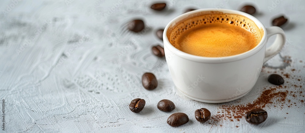 Poster close up of a cup with espresso cream, showing a beautiful texture, placed on a white table with an 