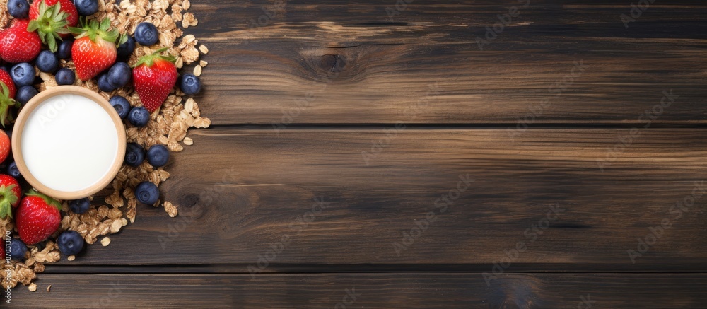Poster wooden table background with copy space image showcasing a delightful summer berries granola breakfa