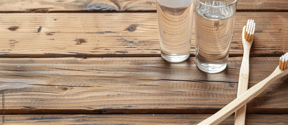 Poster copy space image with bamboo toothbrushes in glass on a wooden table.