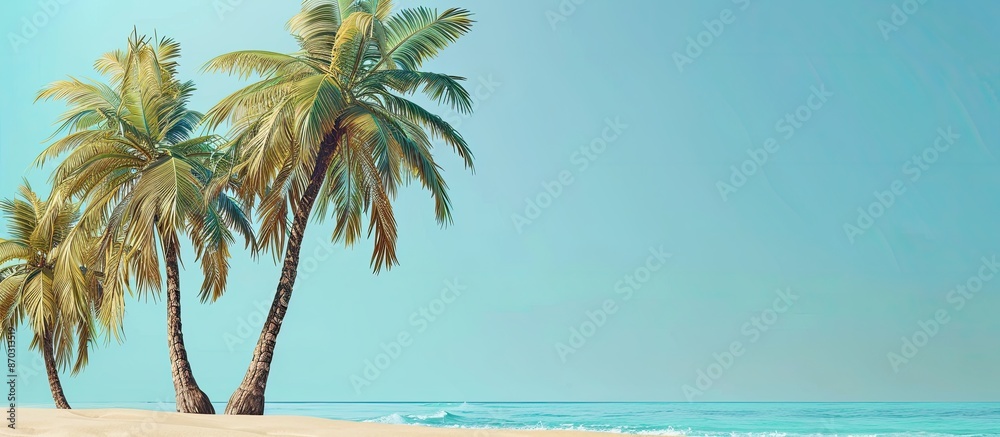 Poster Modern summer scene featuring coconut trees on beach sand against a blue backdrop. Chic and artistic with space for text and images. with copy space image. Place for adding text or design
