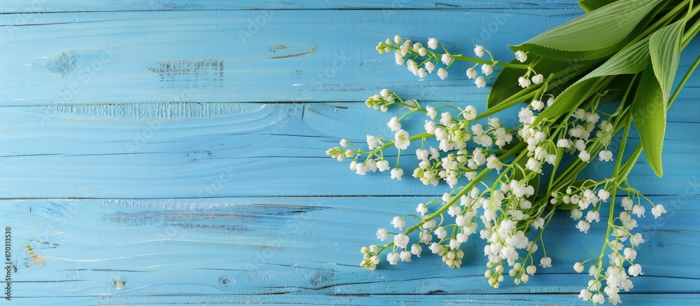 Poster Bouquet of lily of the valley flowers displayed on a blue wooden table background with space for text or images. with copy space image. Place for adding text or design