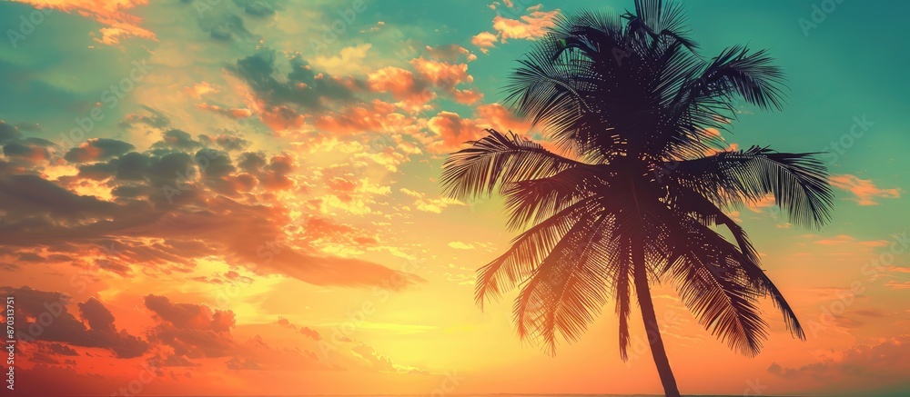 Poster silhouette of a tropical palm tree against a sunset sky with abstract clouds. represents summer vaca