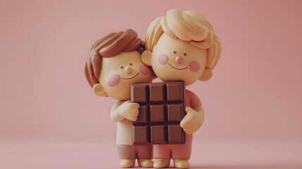Cute clay children figurines holding a chocolate bar, set against a soft pink background. Ideal for themes like friendship, sweetness, and childhood.