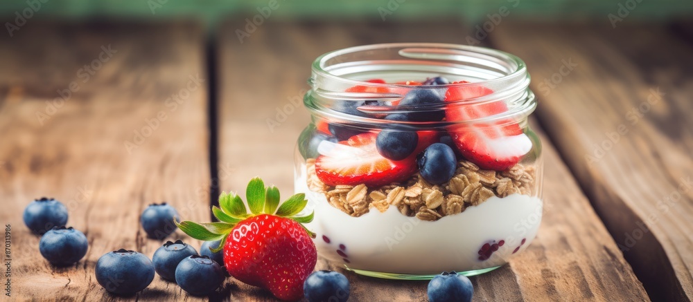 Poster wooden table background with copy space image showcasing a delightful summer berries granola breakfa