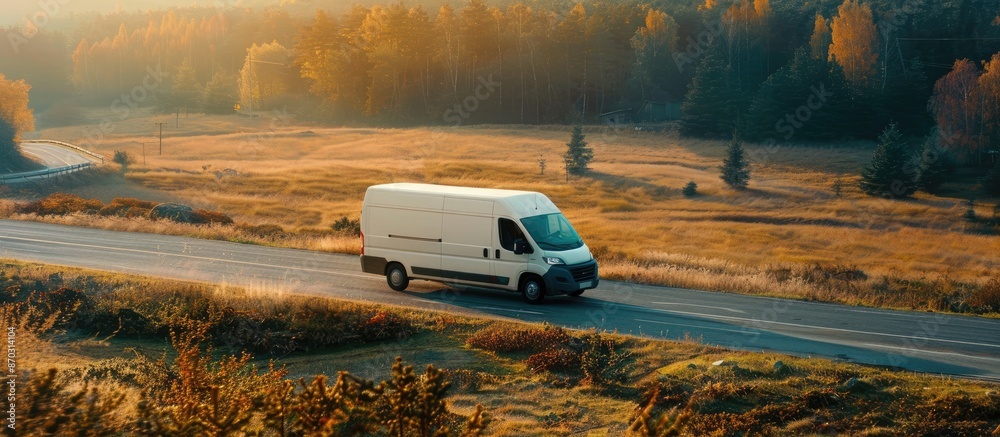Poster delivery van on a road during delivery. copy space image. place for adding text or design