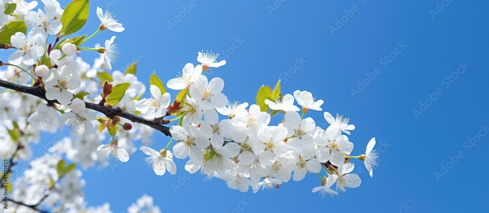 Poster scenic view of fruit tree blossoms set against a clear blue sky, ideal for backgrounds with copy spa