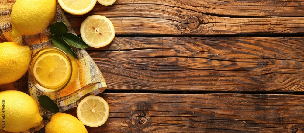 Wall mural top view of fresh lemons and lemon juice on a wooden background, with copy space image available for