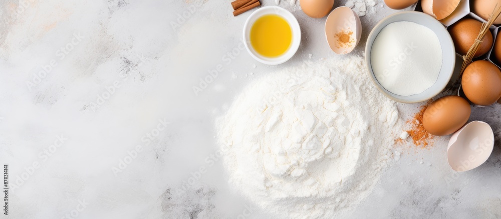 Aufkleber a variety of baking ingredients like flour, eggs, sugar, butter, milk, and spices arranged on a gray