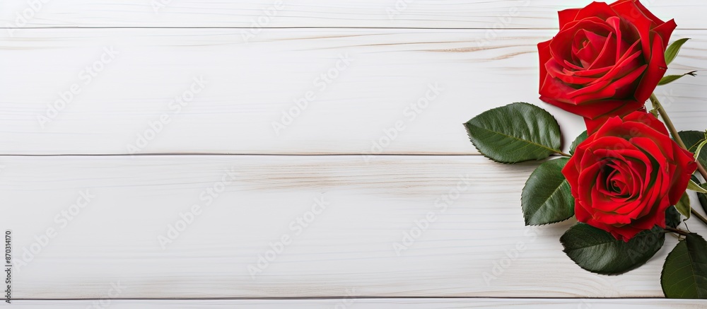 Poster red rose displayed on a white wooden surface with copy space image.