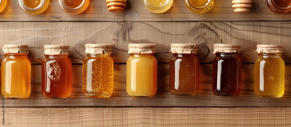 Aufkleber Top view of jars displaying various types of honey on a wooden surface, creating a mockup design with copy space image.