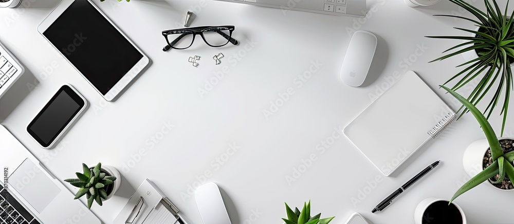Aufkleber a top-down view of a white office desk with various accessories neatly placed, providing a professio