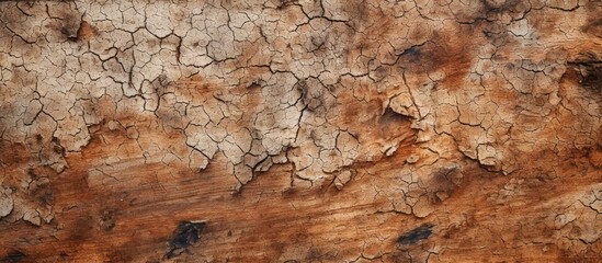 Fototapeta premium Horizontal photo of a tree bark texture with relief wooden pattern, old tree skin showing brown bark with white fungal mold spots, and available empty copy space image.