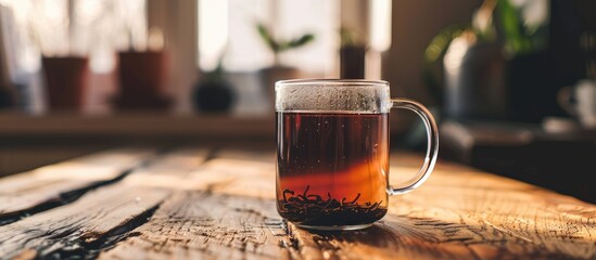 Positioned on a wooden surface, a clear mug features black tea brewing inside. Room for text or graphics in the image. with copy space image. Place for adding text or design