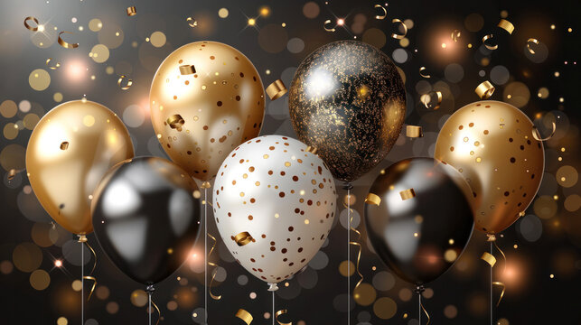 A collection of golden and black balloons with confetti floating around them against a dark background