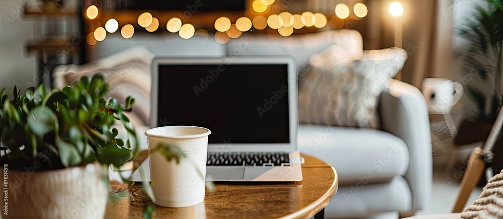Poster workplace at home with laptop, close up. with copy space image. place for adding text or design