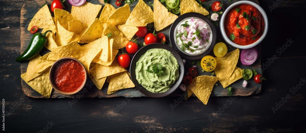 Poster Top-down view of Mexican nachos with dips like guacamole and sour cream on a stone surface with room for a copy space image.