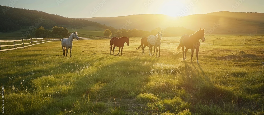 Poster Summertime view of horses in a field with copy space image.