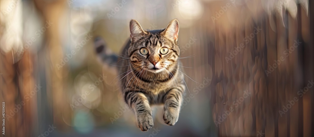 Poster funny cat flying. photo of a playful tabby cat jumping mid-air looking at camera. background with copy space. Copy space image. Place for adding text or design