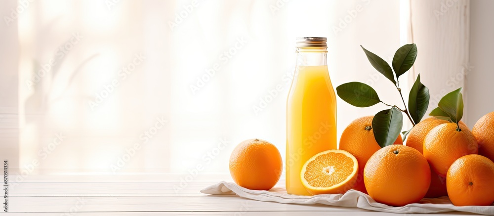 Poster Oranges freshly displayed with a bottle of juice in the background on a white table, creating an inviting copy space image.