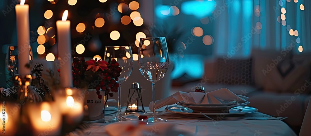 Aufkleber dining table with setting for christmas celebration indoors. with copy space image. place for adding