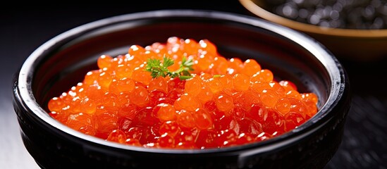 Ikura, which is salmon roe, is a popular Japanese cuisine garnished with soy sauce, ideal for a copy space image.