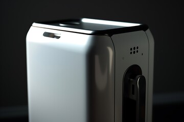 Portable oxygen concentrator, minimalist aesthetic, close-up, photorealistic, dramatic lighting