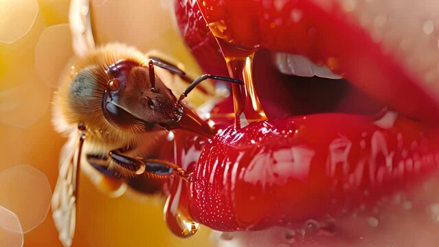There is a bee on the lip. Lips covered in shiny red lipstick honey flowing down