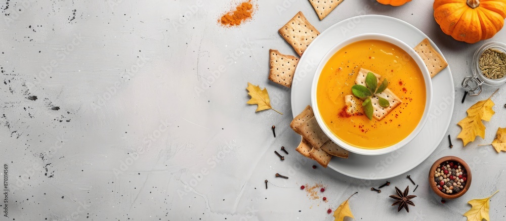 Aufkleber White plate with autumn pumpkin soup, rye crackers, and spices on gray background in horizontal view, leaving open space for a picture or text. with copy space image. Place for adding text or design