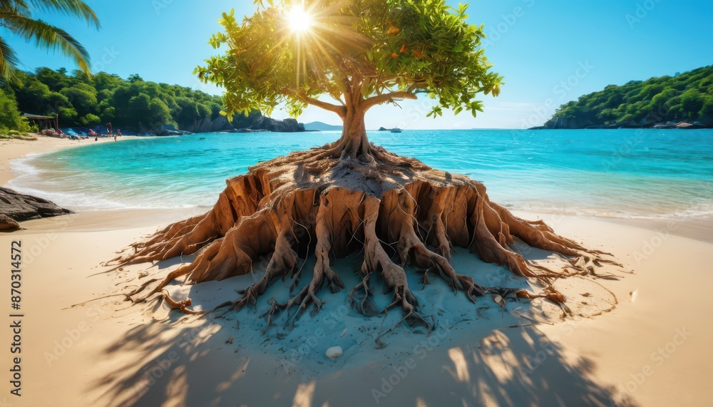 Poster tree roots on a tropical beach.