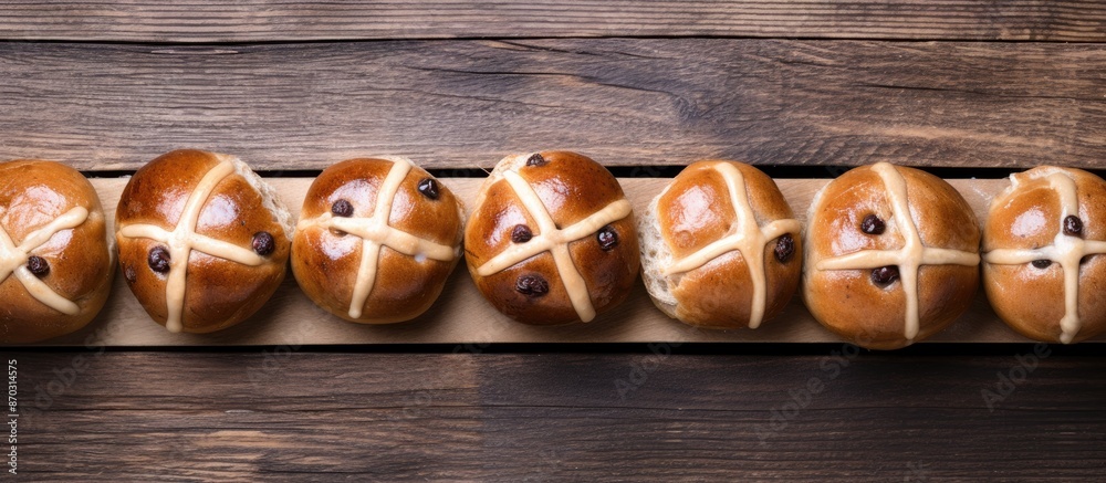 Aufkleber Easter hot cross buns displayed from above on a wooden background with ample copy space for customization in the image.