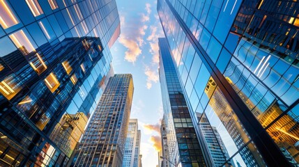 Fototapeta premium A low-angle shot capturing the impressive architecture of contemporary skyscrapers with reflective glass facades against a sunset sky