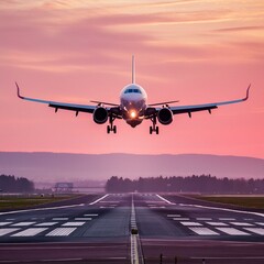 Airplane taking off or landing on airport. Plane or Aircraft hovering above Airport lane or Flight Path. Beautiful Rose or Golden Sunset or Sunrise. Imagery for Travelling, Holiday or Transport