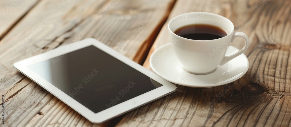 Poster Office desk with a tablet PC placed next to a white coffee cup, showing an empty space for an image. with copy space image. Place for adding text or design