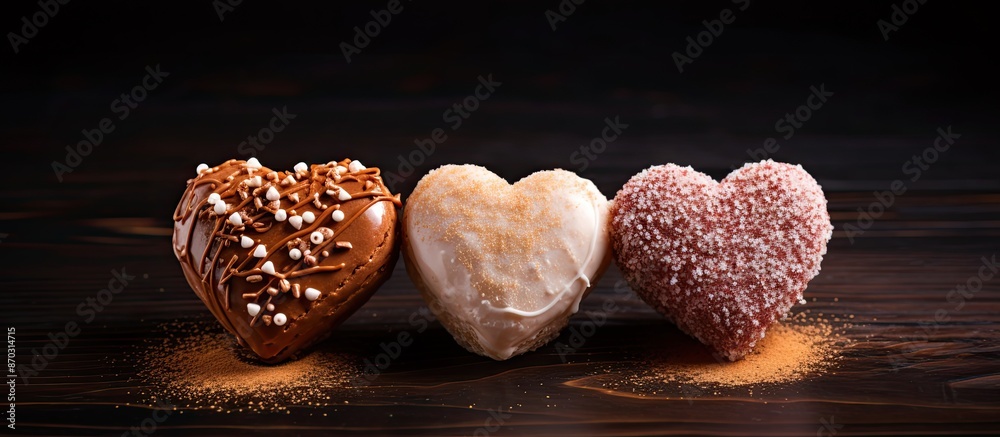 Leinwandbilder three heart-shaped desserts on a dark background with a blank space for additional images or text.