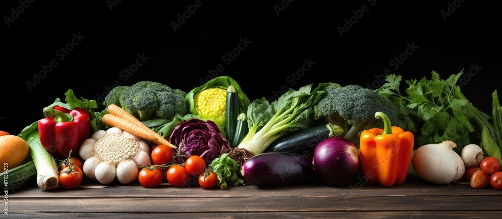 Fototapete Various vegetables arranged on a rustic wooden surface for a food-themed image with space for text. with copy space image. Place for adding text or design