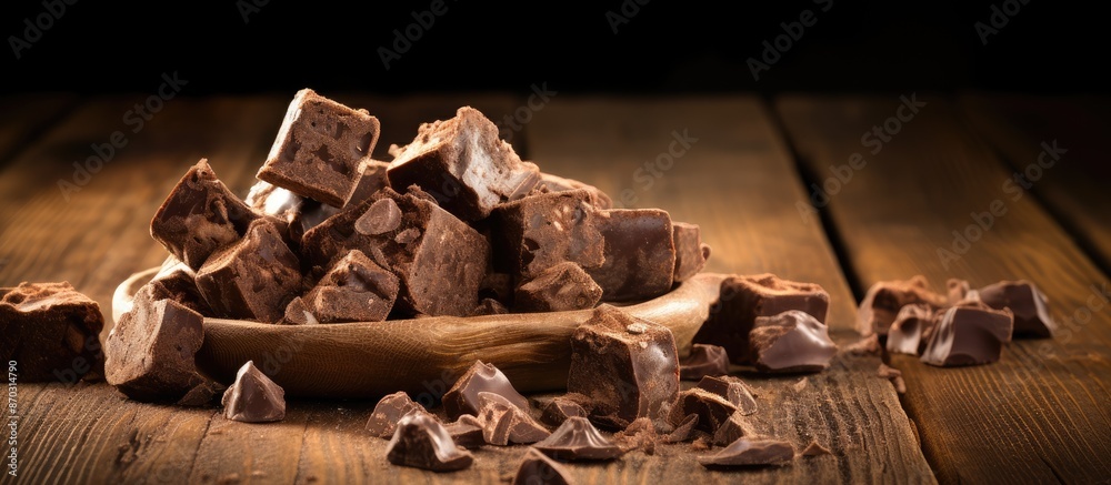 Fototapete crumbled swiss chocolate chunks with nuts on a wooden backdrop, ideal for text. copy space image.