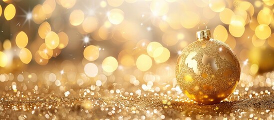 Christmas decorations featuring a gold ball against a blurred bokeh light background with copy space image available.