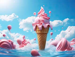 Various of ice cream flavor in cones blueberry, strawberry, pistachio, almond, orange and cherry. Summer and Sweet menu concept.