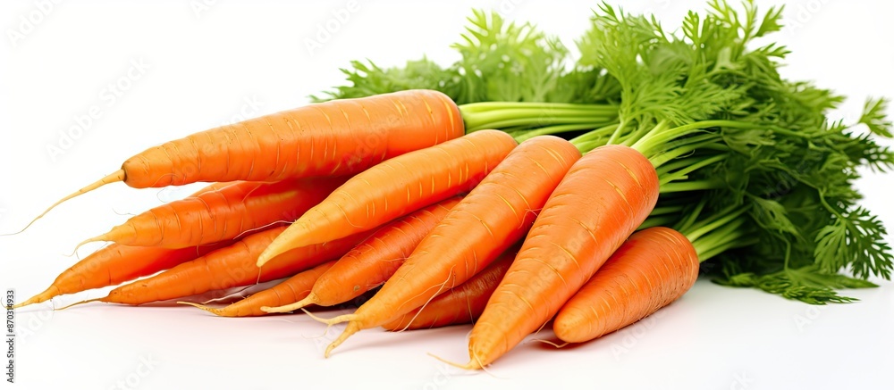 Leinwandbilder a vibrant bunch of fresh, organic carrots against a white background with selective focus and a defo