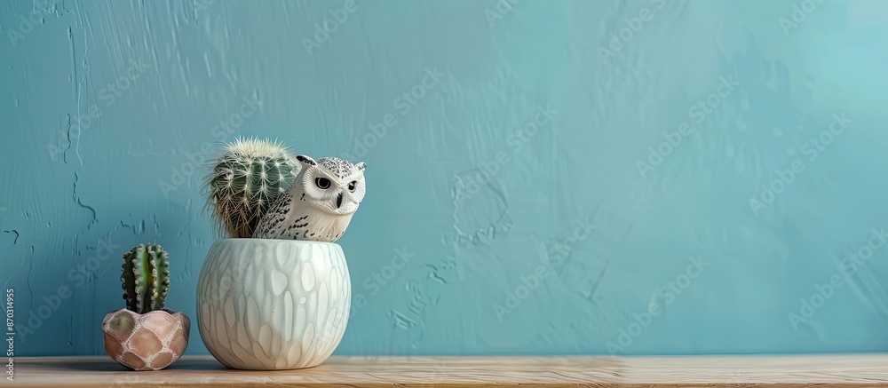 Leinwandbilder beautiful cactus,wooden shelf and simulated owl on wood table with blue background. with copy space 