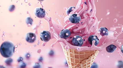 A close-up photo of a pink soft serve ice cream cone with blueberries, splashing with blueberries flying through the air