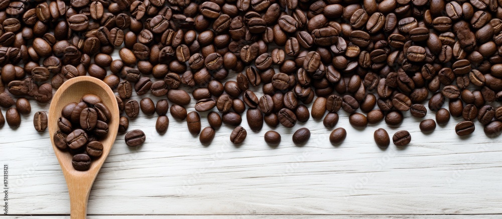 Poster coffee beans arranged in a circle with a scoop on a white wooden surface, providing a clear center f